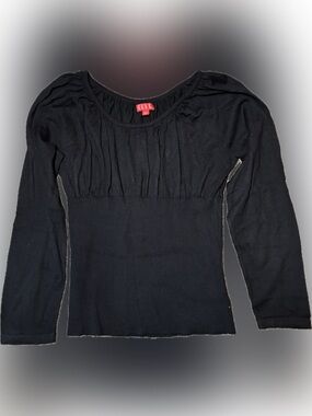 E168 Vintage ELLE Black Ribbed Waist Long Sleeve Top with Pleated Bust, Size XL